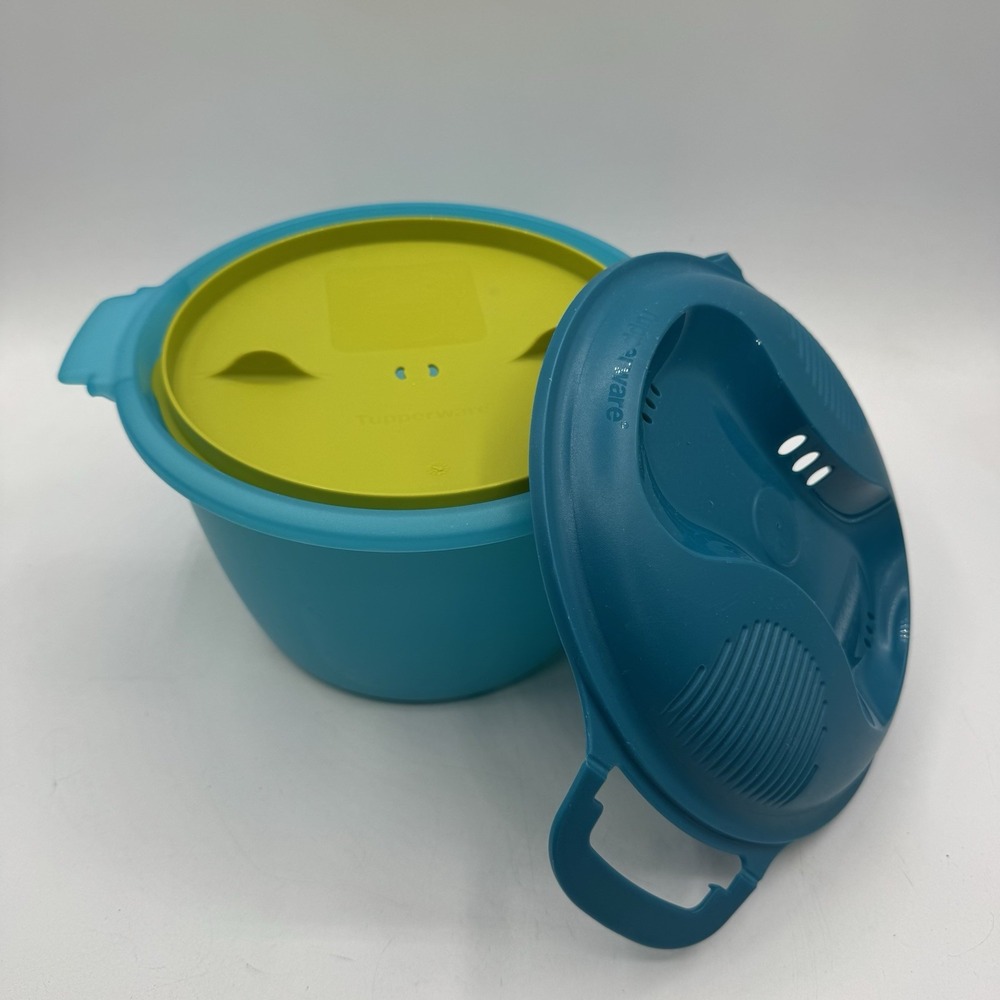 3 Piece 2.2L Teal Tupperware 6451 Microwave Rice Vegetable Maker Steamer Cooker